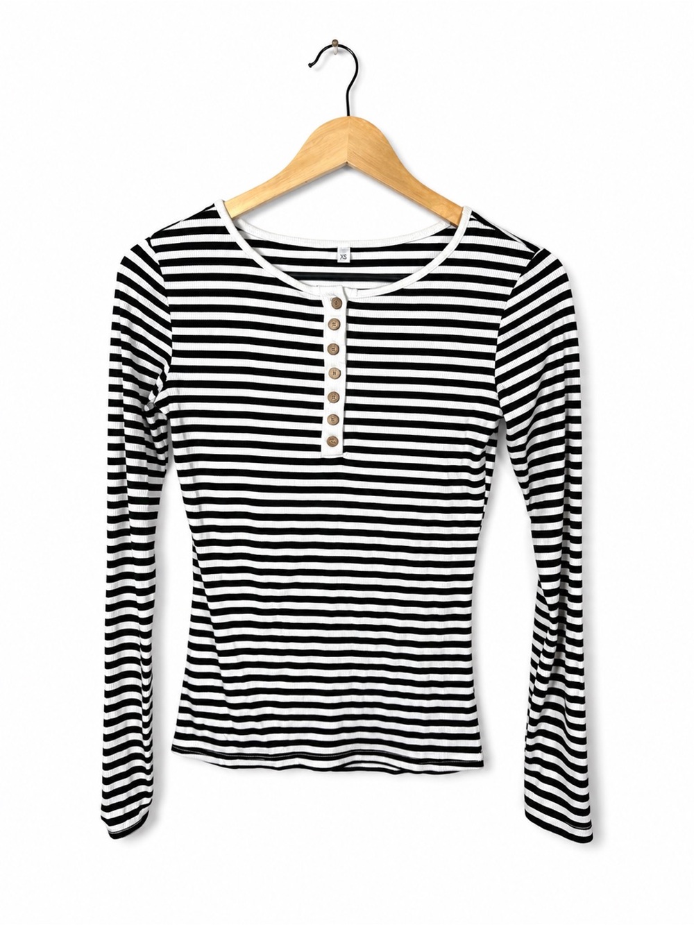 Black White Striped Ribbed Henley Top XS Button Long Sleeve Stretch